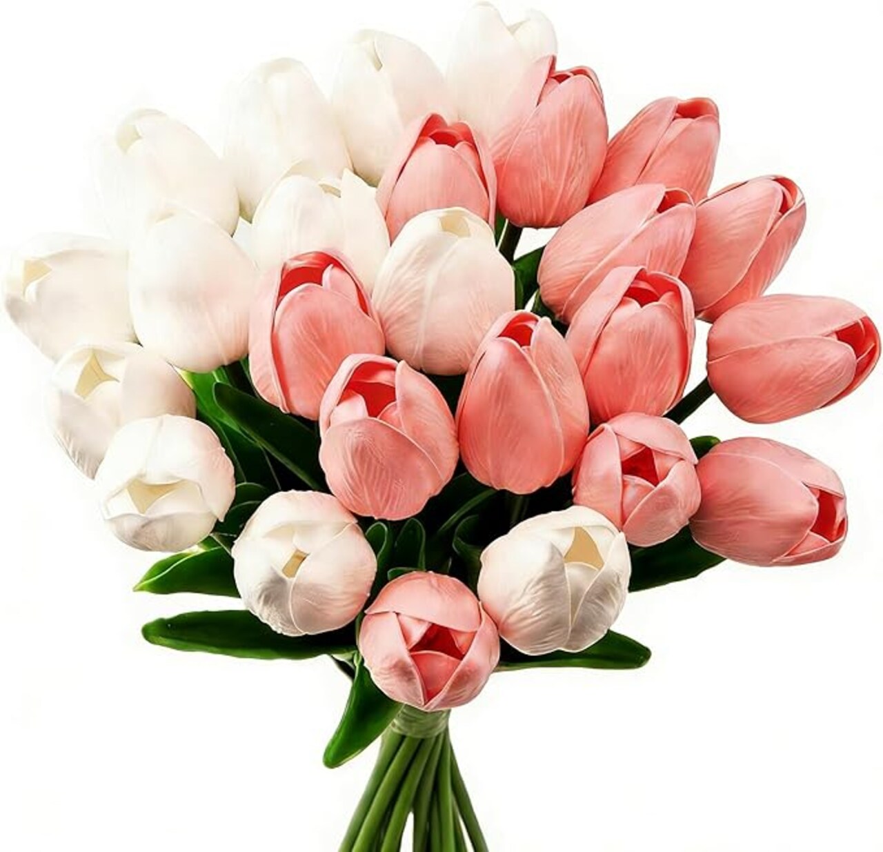 28 Pcs Artificial Tulips, 13.5 Inches PU Faux Tulip Flowers for Spring Easter Celebration Mother’s Day Brunch Table Decor(White+Pink